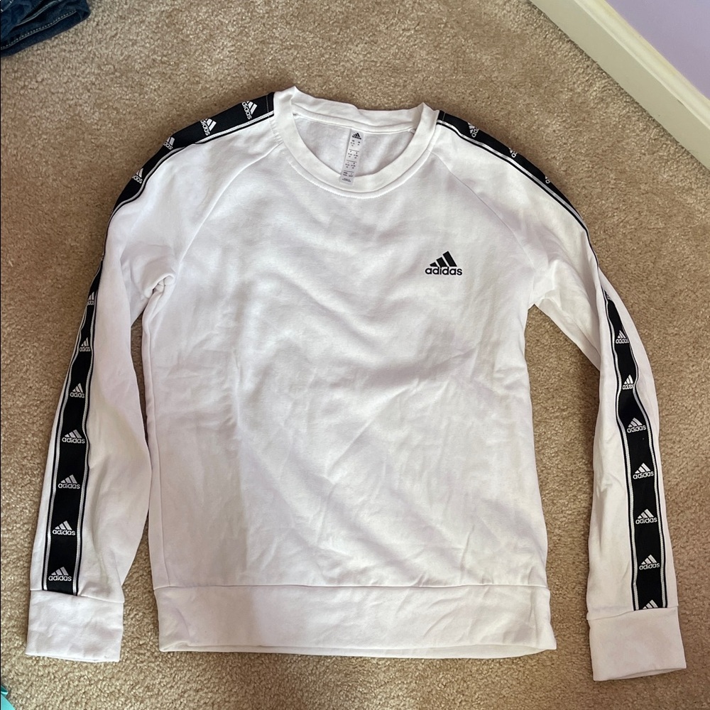 adidas White Crewneck Sweatshirt with Black Logo Tape